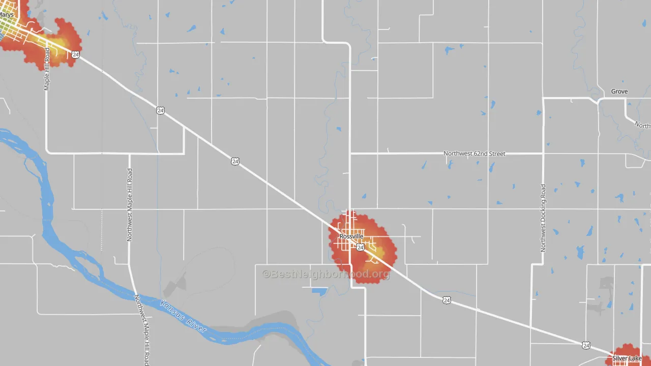 Walk Grade map of Rossville, KS, walkable areas in green and car-dependent areas in red