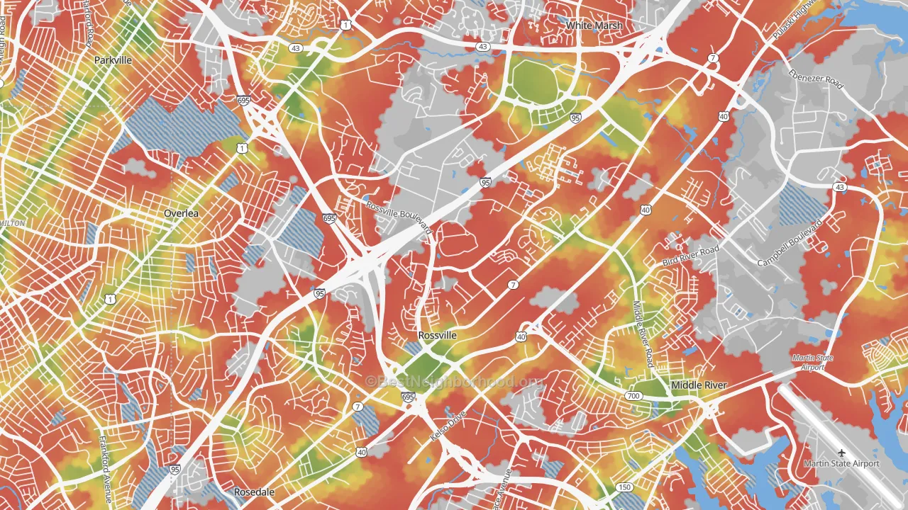 Walk Grade map of Rossville, MD, walkable areas in green and car-dependent areas in red