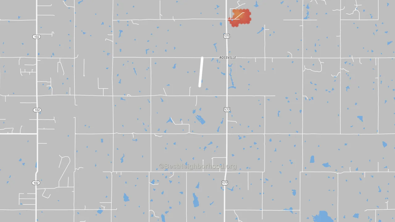 Walk Grade map of Rossville, OK, walkable areas in green and car-dependent areas in red