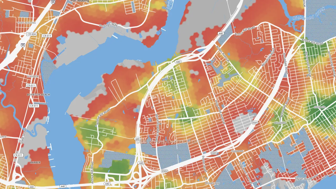 Walk Grade map of Rossville, Staten Island, NY, walkable areas in green and car-dependent areas in red