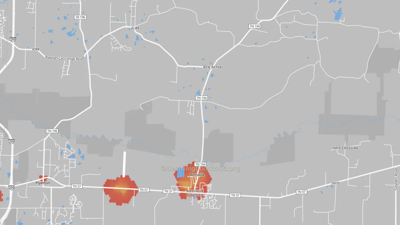 Walk Grade map of Rossville, TN, walkable areas in green and car-dependent areas in red