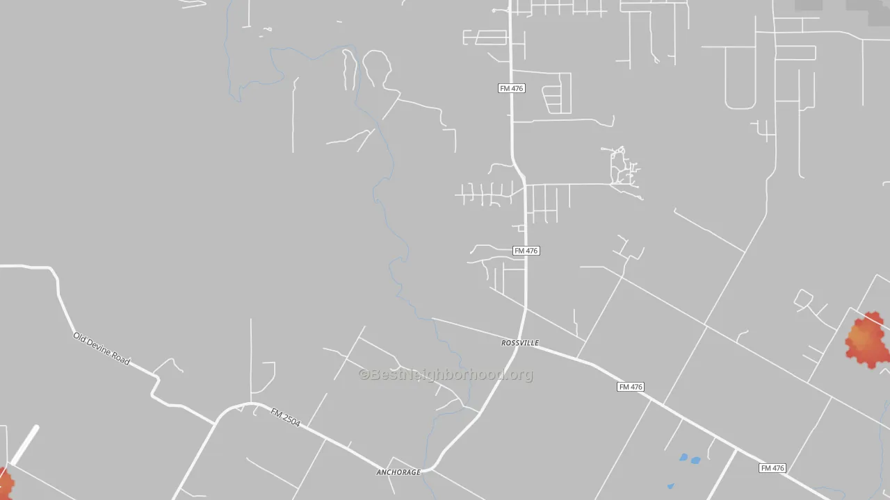 Walk Grade map of Rossville, TX, walkable areas in green and car-dependent areas in red