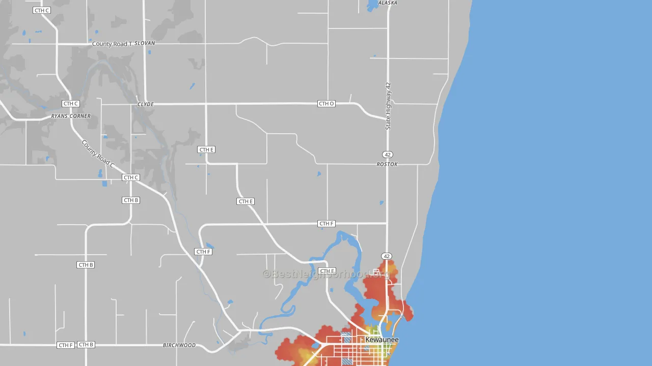 Walk Grade map of Rostok, WI, walkable areas in green and car-dependent areas in red