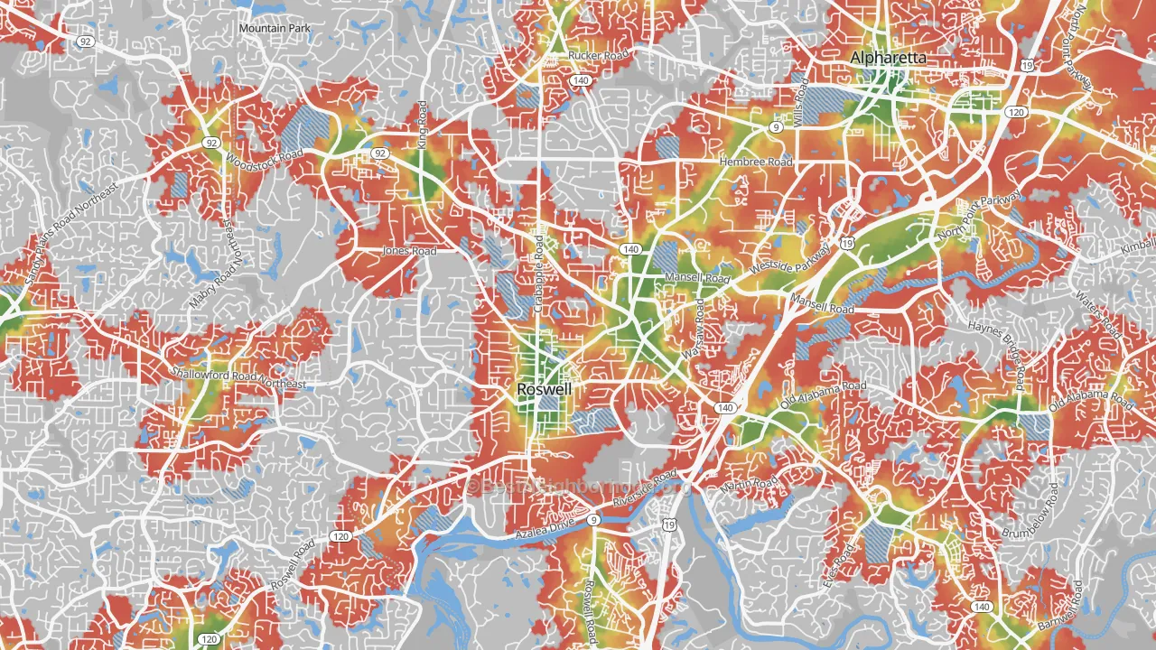 Walk Grade map of Roswell, GA, walkable areas in green and car-dependent areas in red