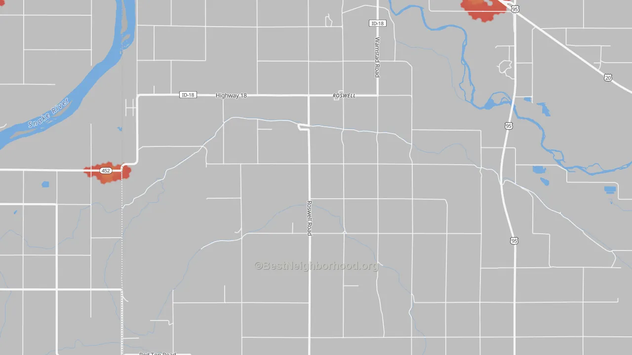 Walk Grade map of Roswell, ID, walkable areas in green and car-dependent areas in red