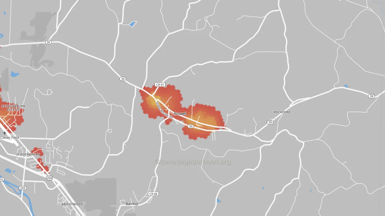 Walk Grade map of Roswell, OH, walkable areas in green and car-dependent areas in red