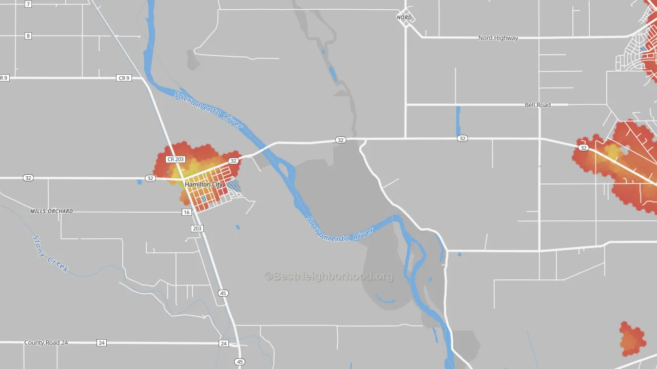 Walk Grade map of Rotavele, CA, walkable areas in green and car-dependent areas in red