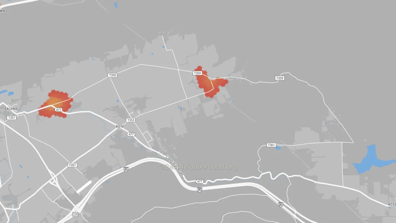 Walk Grade map of Rote, PA, walkable areas in green and car-dependent areas in red