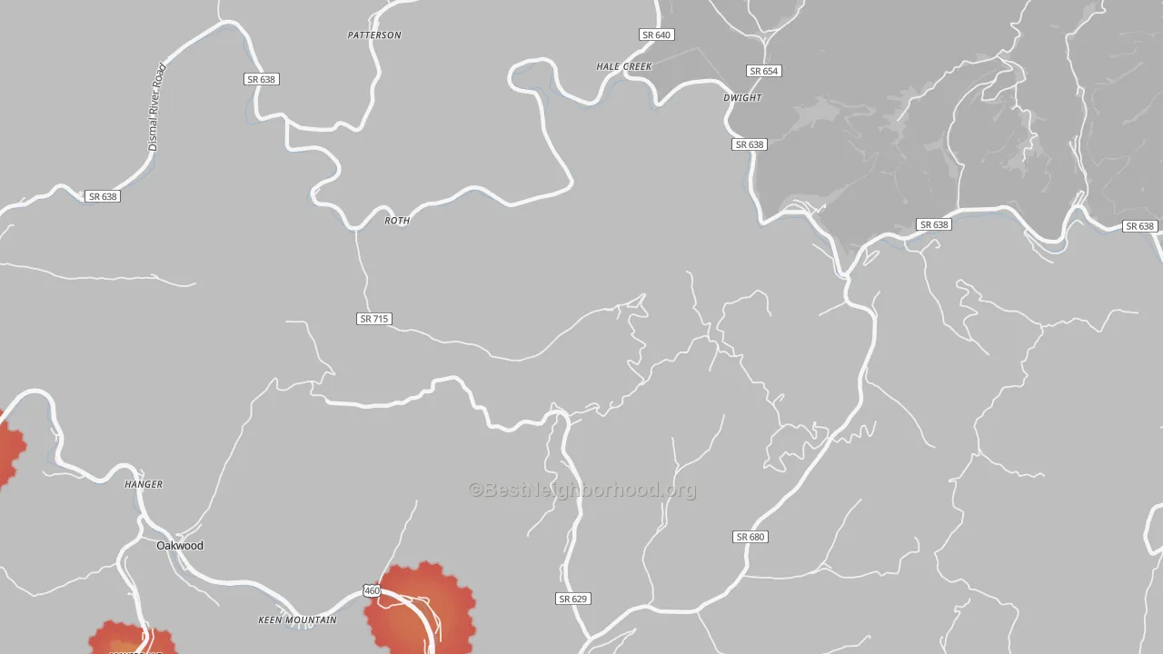Walk Grade map of Roth, VA, walkable areas in green and car-dependent areas in red