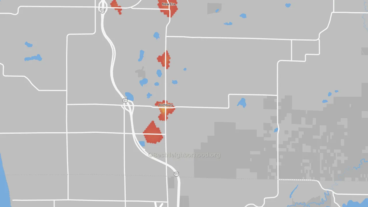 Walk Grade map of Rothbury, MI, walkable areas in green and car-dependent areas in red