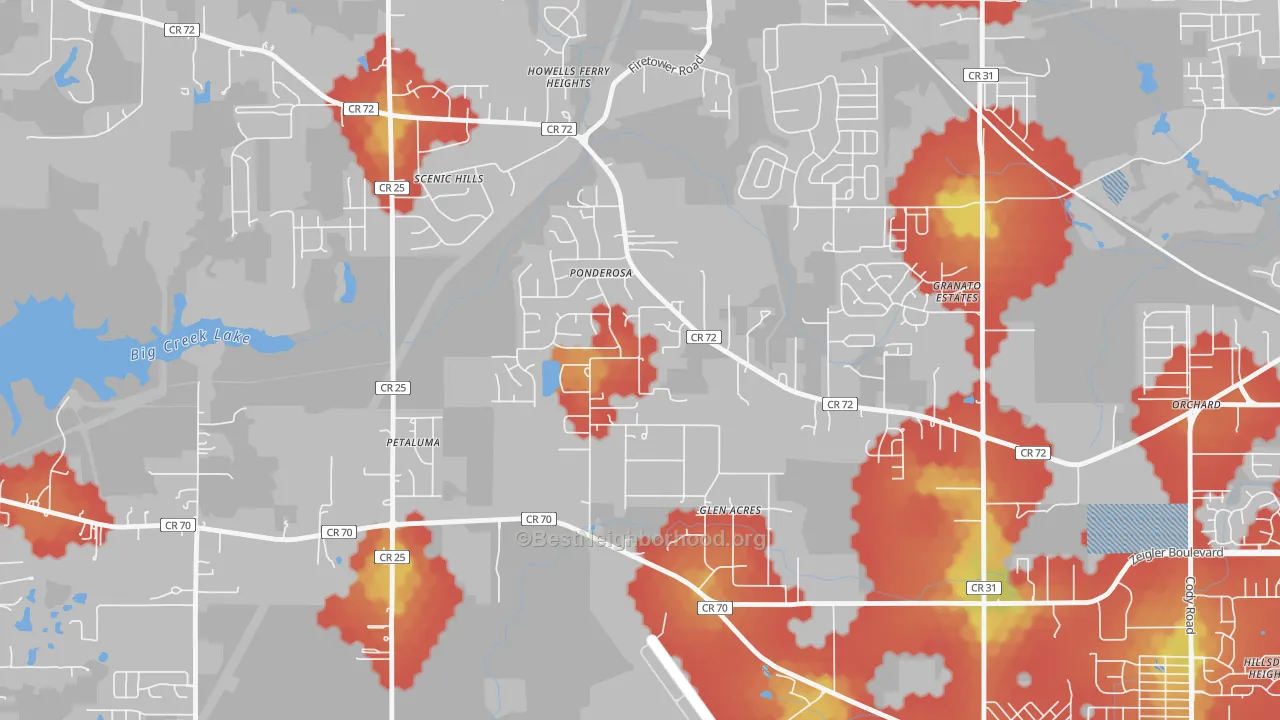 Walk Grade map of Rothfield, Semmes, AL, walkable areas in green and car-dependent areas in red