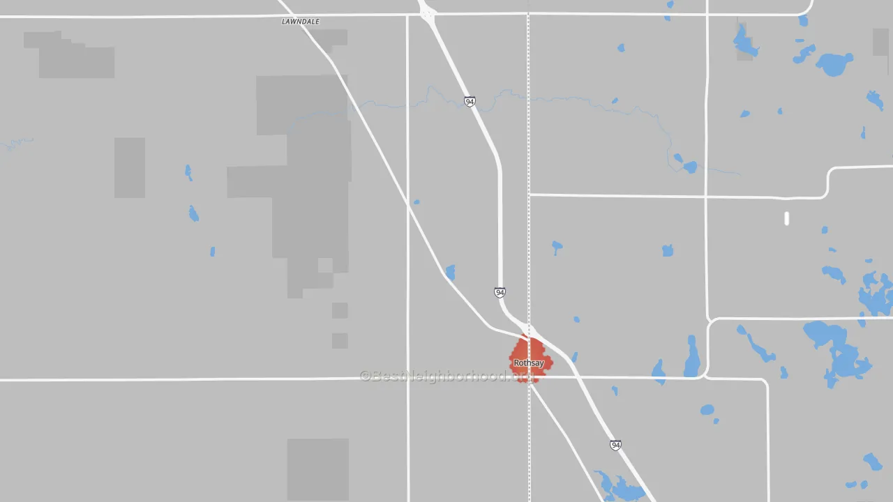 Walk Grade map of Rothsay, MN, walkable areas in green and car-dependent areas in red