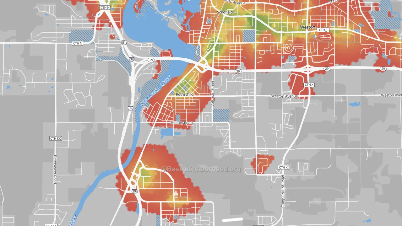Walk Grade map of Rothschild, WI, walkable areas in green and car-dependent areas in red