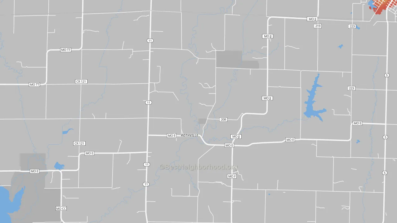 Walk Grade map of Rothville, MO, walkable areas in green and car-dependent areas in red