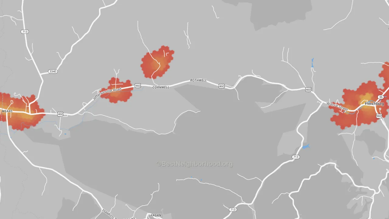 Walk Grade map of Rothwell, KY, walkable areas in green and car-dependent areas in red