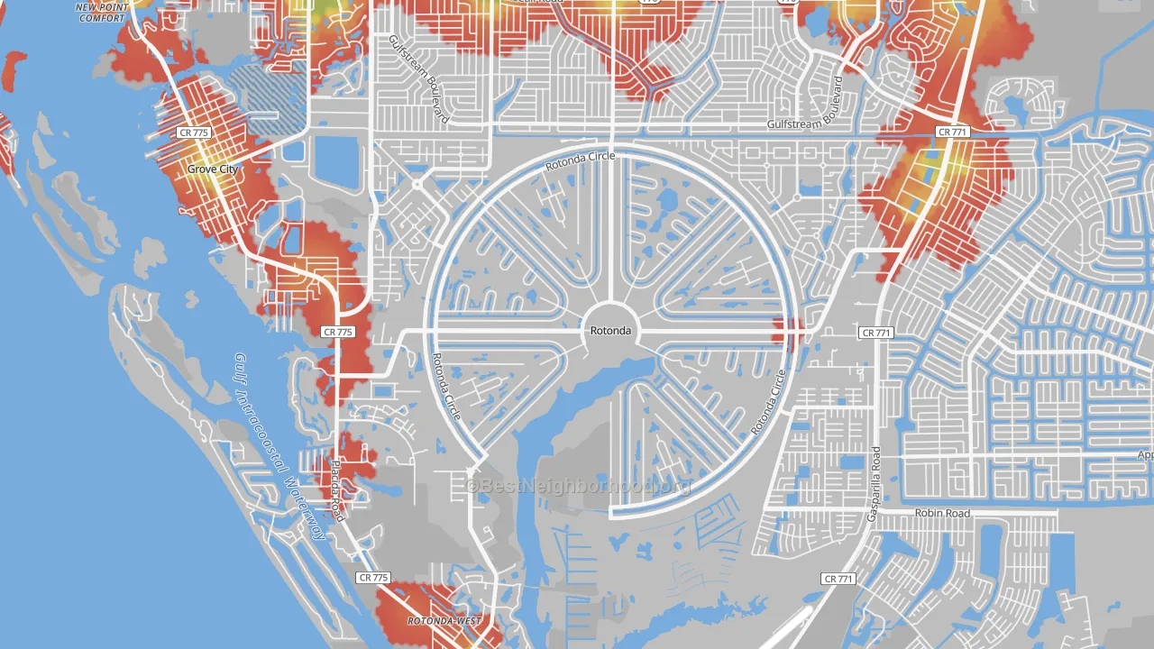 Walk Grade map of Rotonda, FL, walkable areas in green and car-dependent areas in red