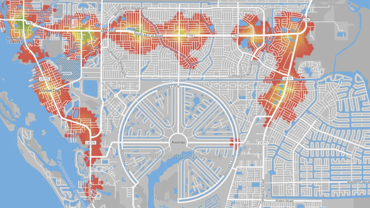 Walk Grade map of Rotonda West, FL, walkable areas in green and car-dependent areas in red