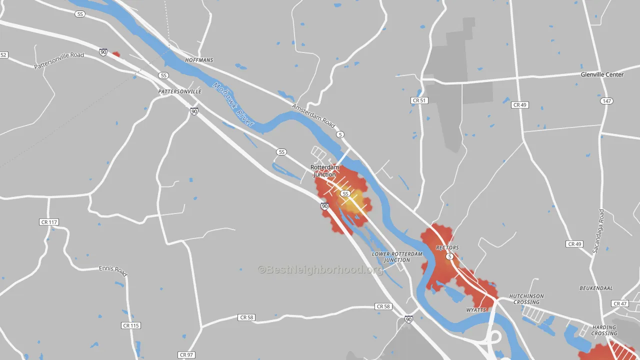 Walk Grade map of Rotterdam Junction, NY, walkable areas in green and car-dependent areas in red