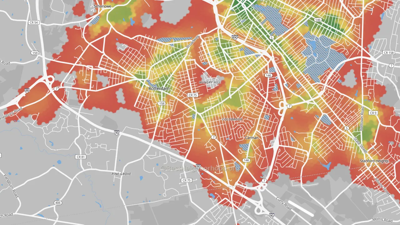 Walk Grade map of Rotterdam, NY, walkable areas in green and car-dependent areas in red