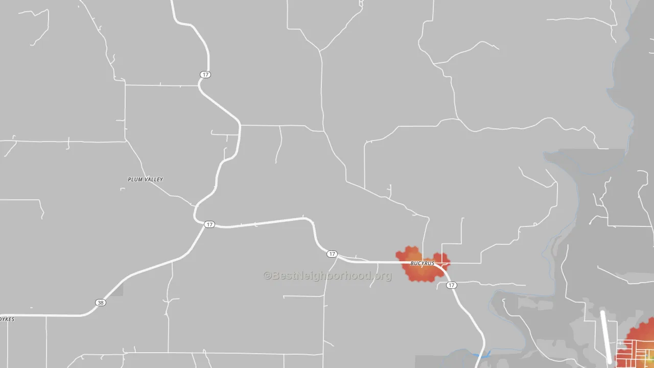 Walk Grade map of Roubidoux, MO, walkable areas in green and car-dependent areas in red