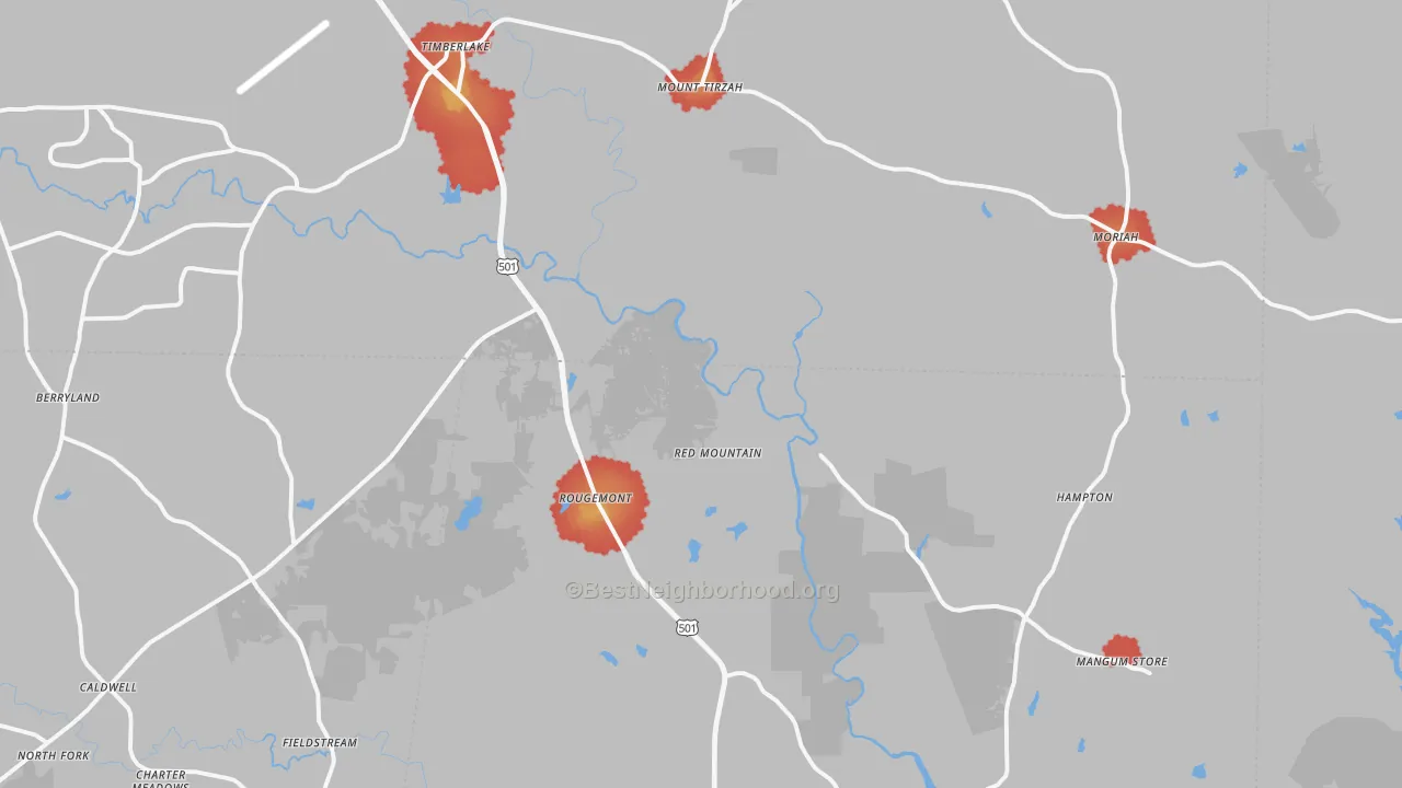 Walk Grade map of Rougemont, NC, walkable areas in green and car-dependent areas in red