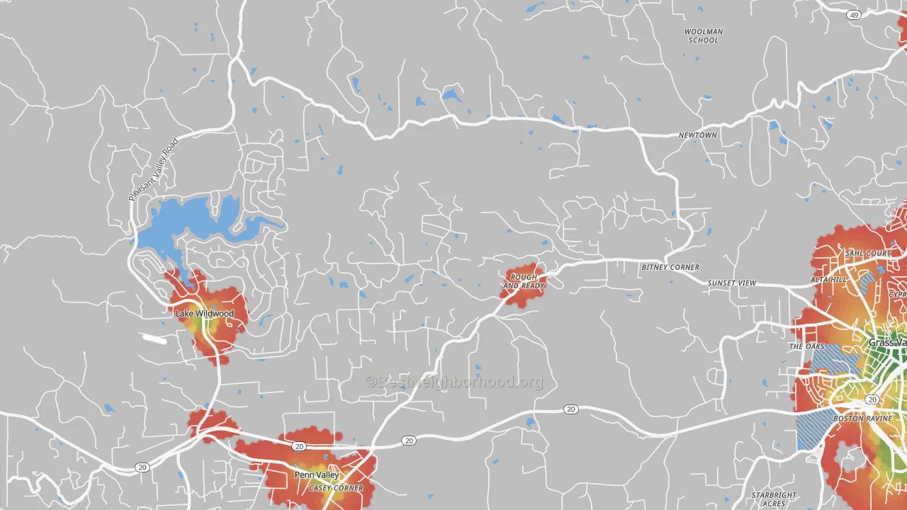 Walk Grade map of Rough And Ready, CA, walkable areas in green and car-dependent areas in red