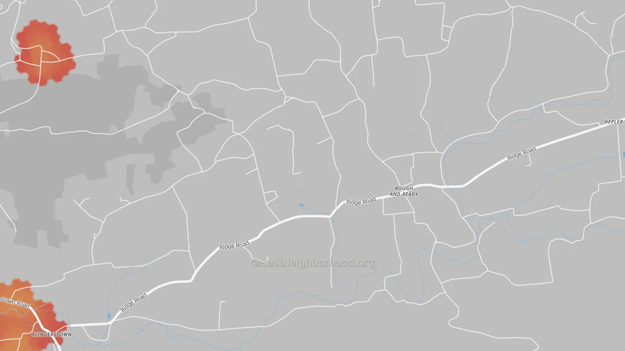 Walk Grade map of Rough And Ready, PA, walkable areas in green and car-dependent areas in red