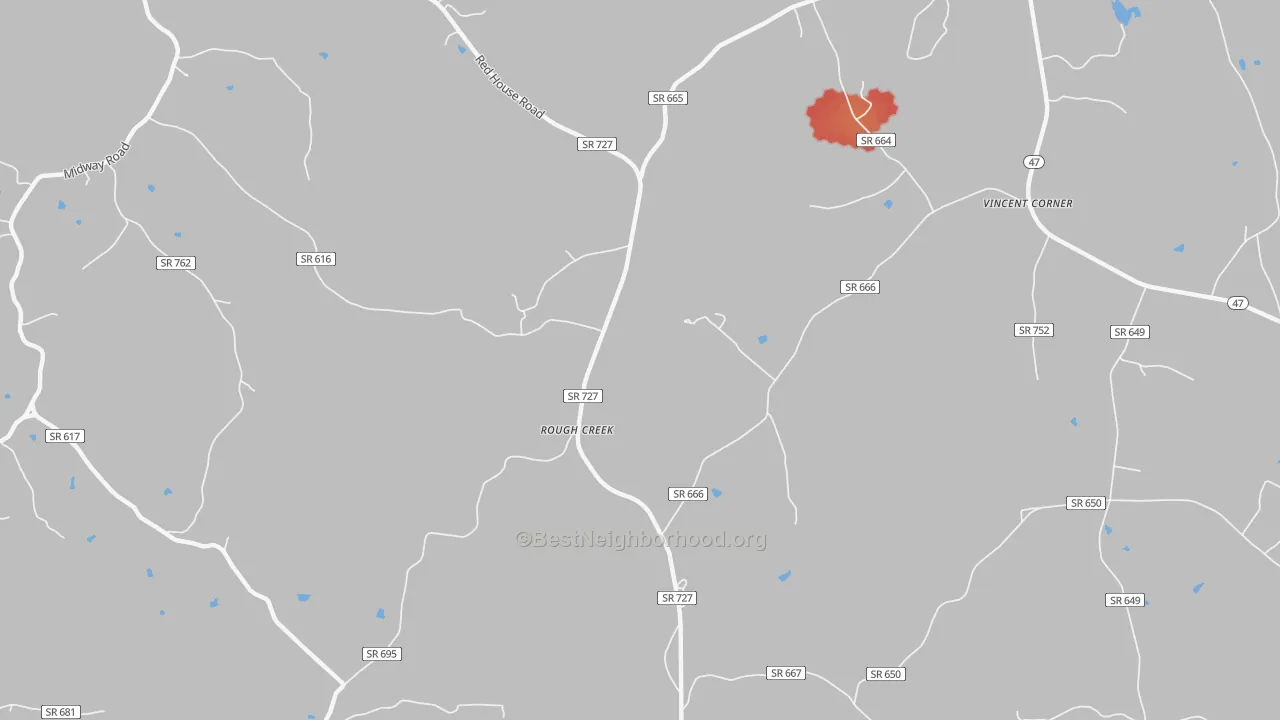 Walk Grade map of Rough Creek, VA, walkable areas in green and car-dependent areas in red