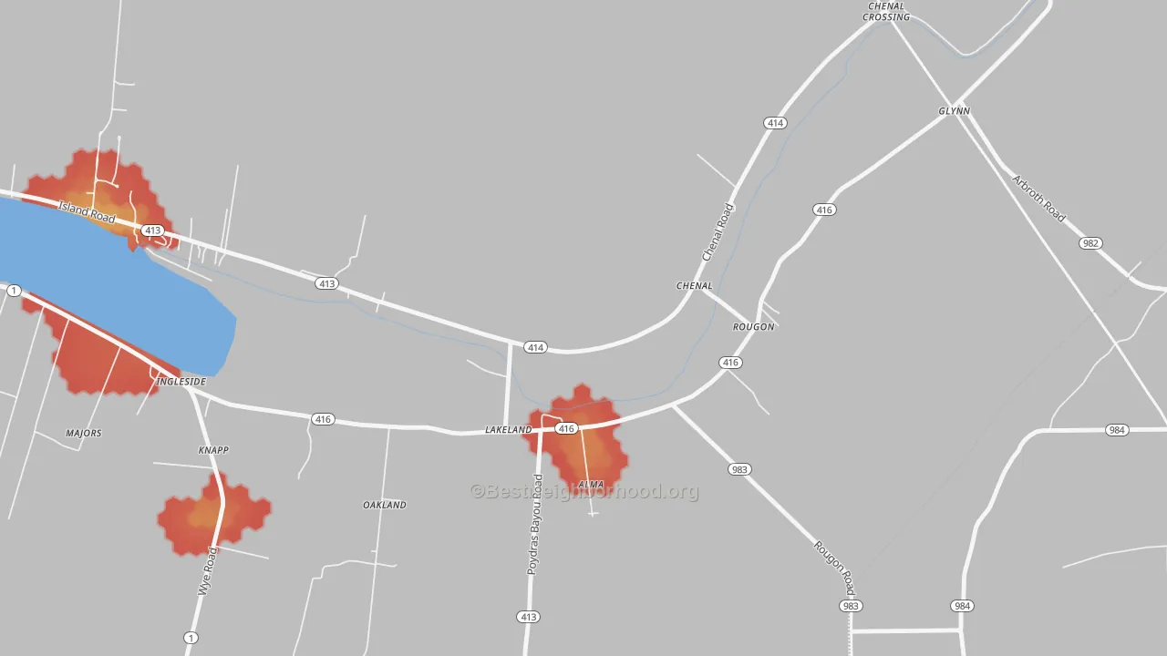 Walk Grade map of Rougon, LA, walkable areas in green and car-dependent areas in red