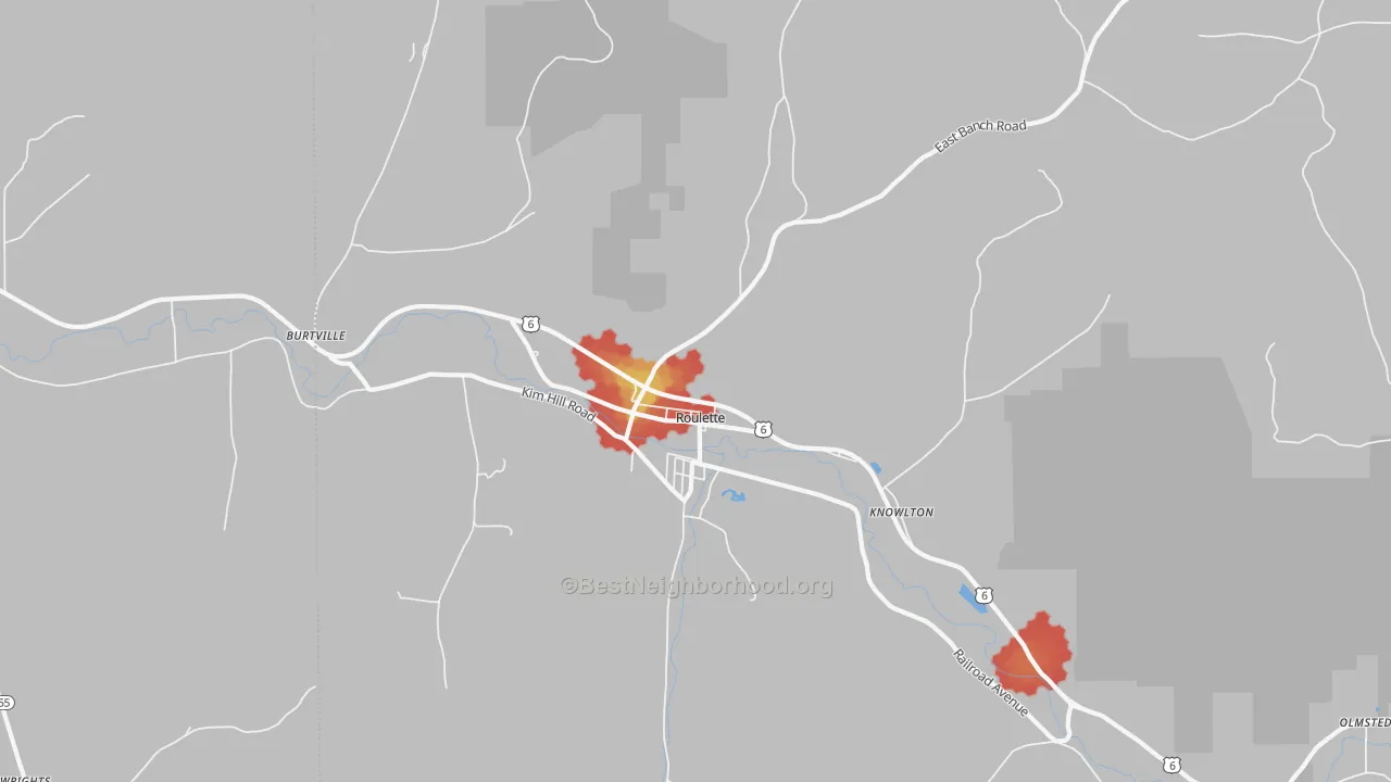 Walk Grade map of Roulette, PA, walkable areas in green and car-dependent areas in red