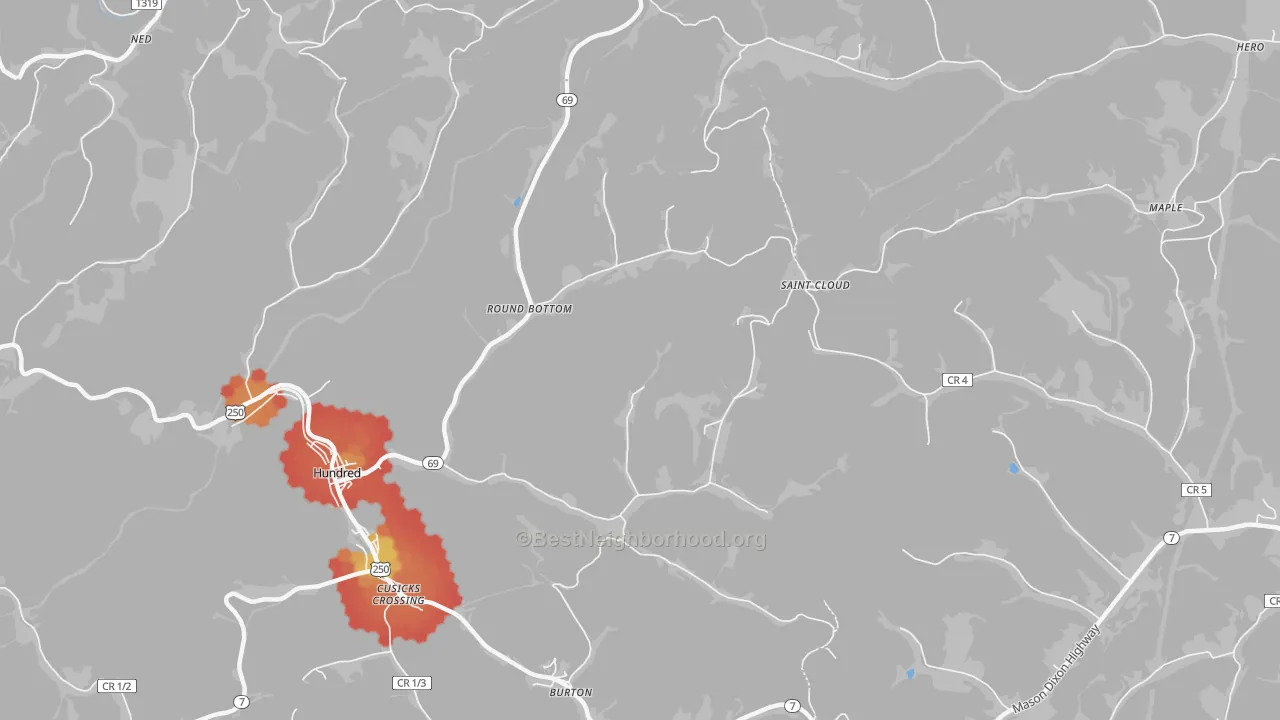 Walk Grade map of Round Bottom, WV, walkable areas in green and car-dependent areas in red
