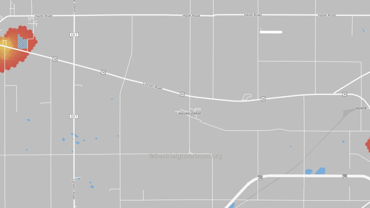 Walk Grade map of Round Grove, IL, walkable areas in green and car-dependent areas in red