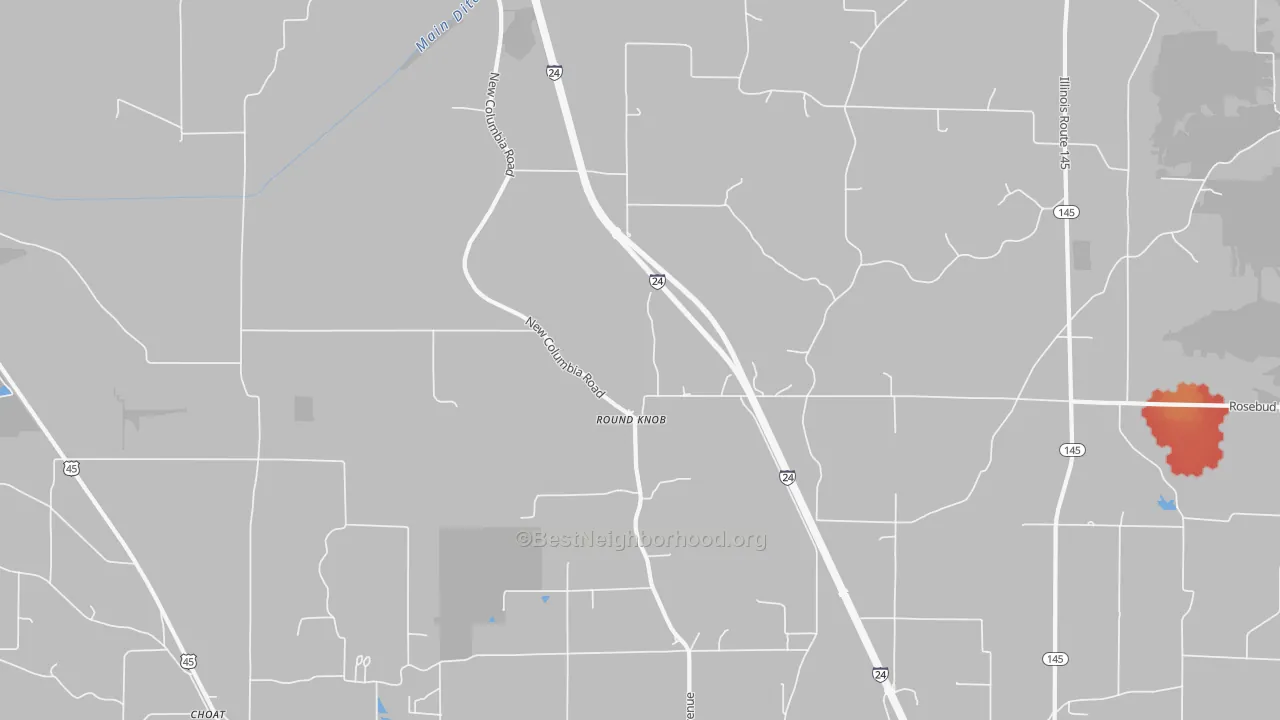 Walk Grade map of Round Knob, IL, walkable areas in green and car-dependent areas in red