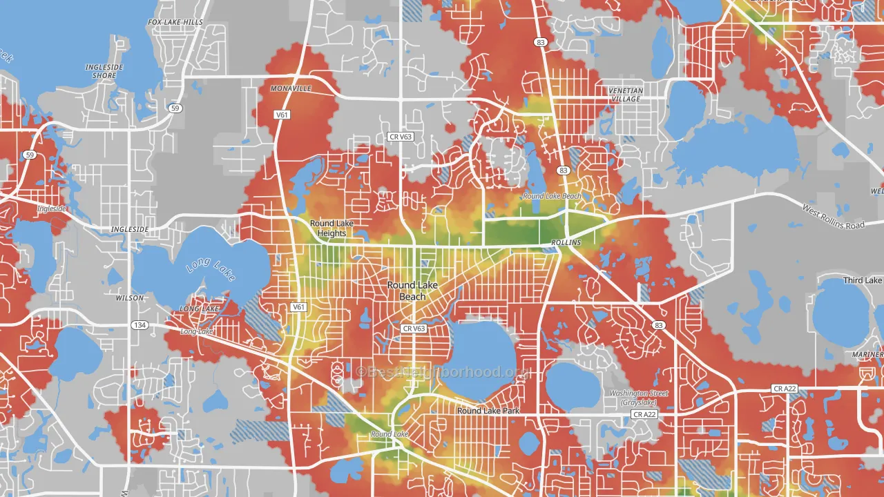 Walk Grade map of Round Lake Beach, IL, walkable areas in green and car-dependent areas in red