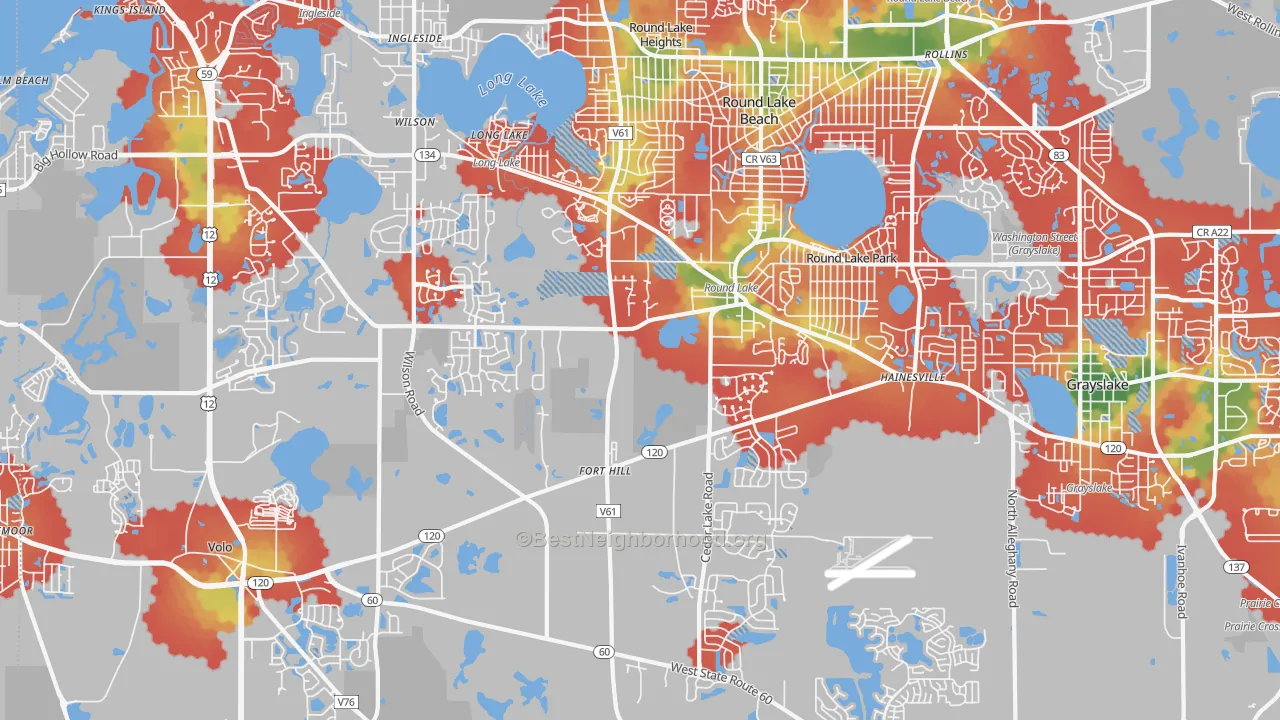 Walk Grade map of Round Lake, IL, walkable areas in green and car-dependent areas in red