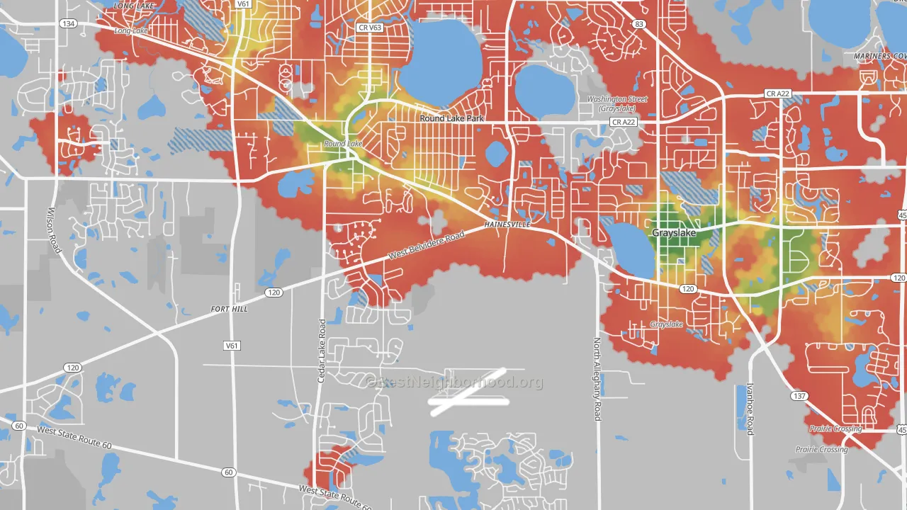 Walk Grade map of Round Lake Park, IL, walkable areas in green and car-dependent areas in red