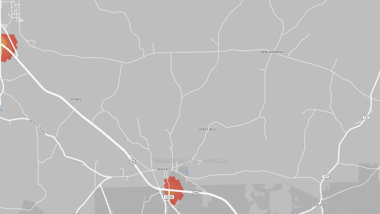 Walk Grade map of Round Mountain, AL, walkable areas in green and car-dependent areas in red