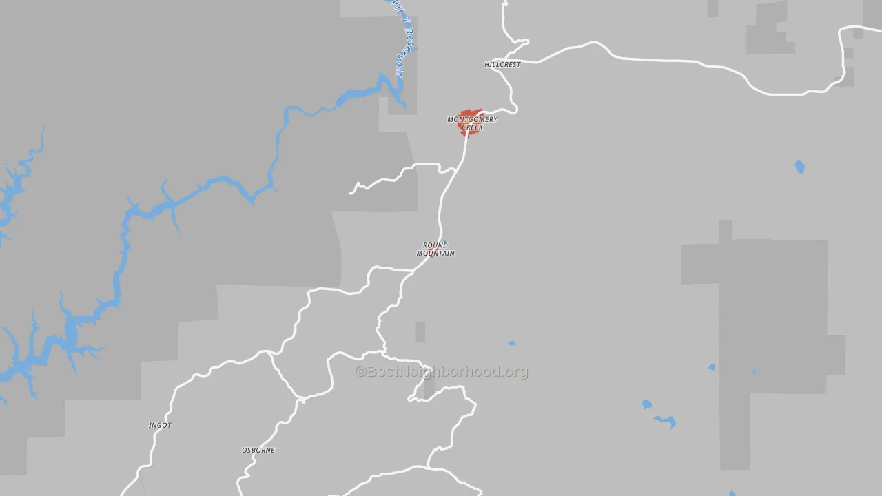 Walk Grade map of Round Mountain, CA, walkable areas in green and car-dependent areas in red