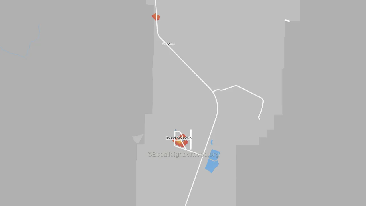 Walk Grade map of Round Mountain, NV, walkable areas in green and car-dependent areas in red