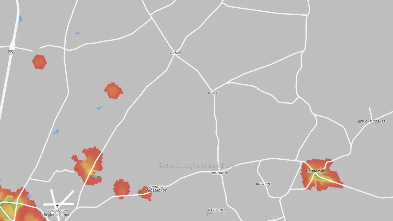 Walk Grade map of Round O, SC, walkable areas in green and car-dependent areas in red
