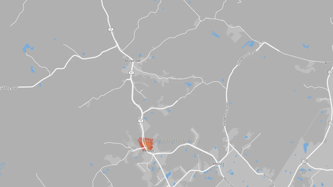Walk Grade map of Round Oak, GA, walkable areas in green and car-dependent areas in red