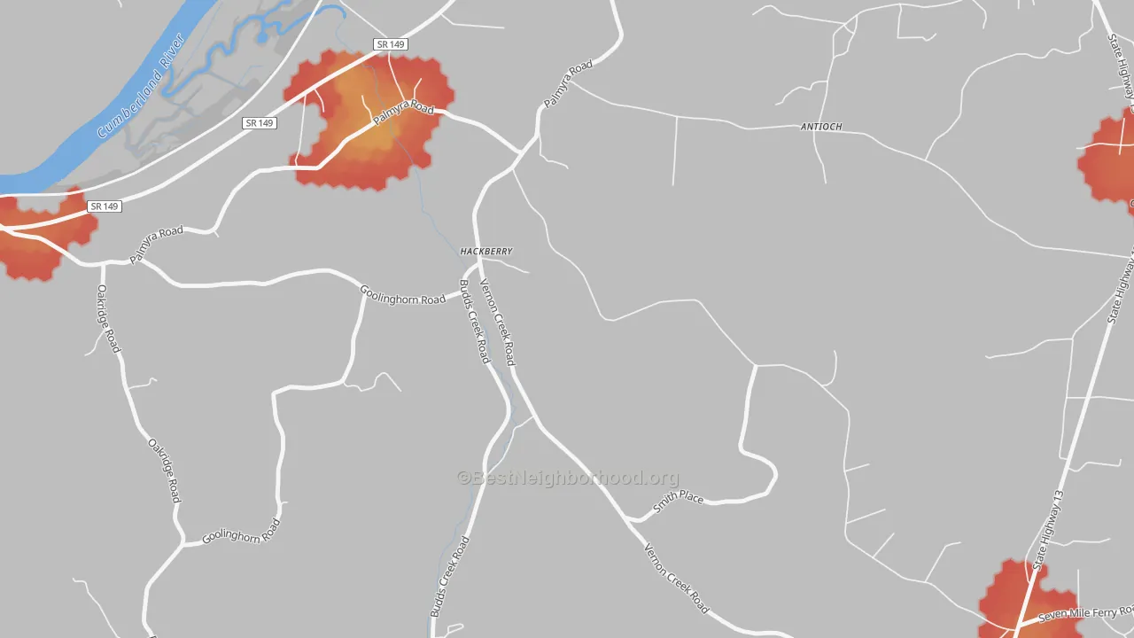 Walk Grade map of Round Pond, TN, walkable areas in green and car-dependent areas in red