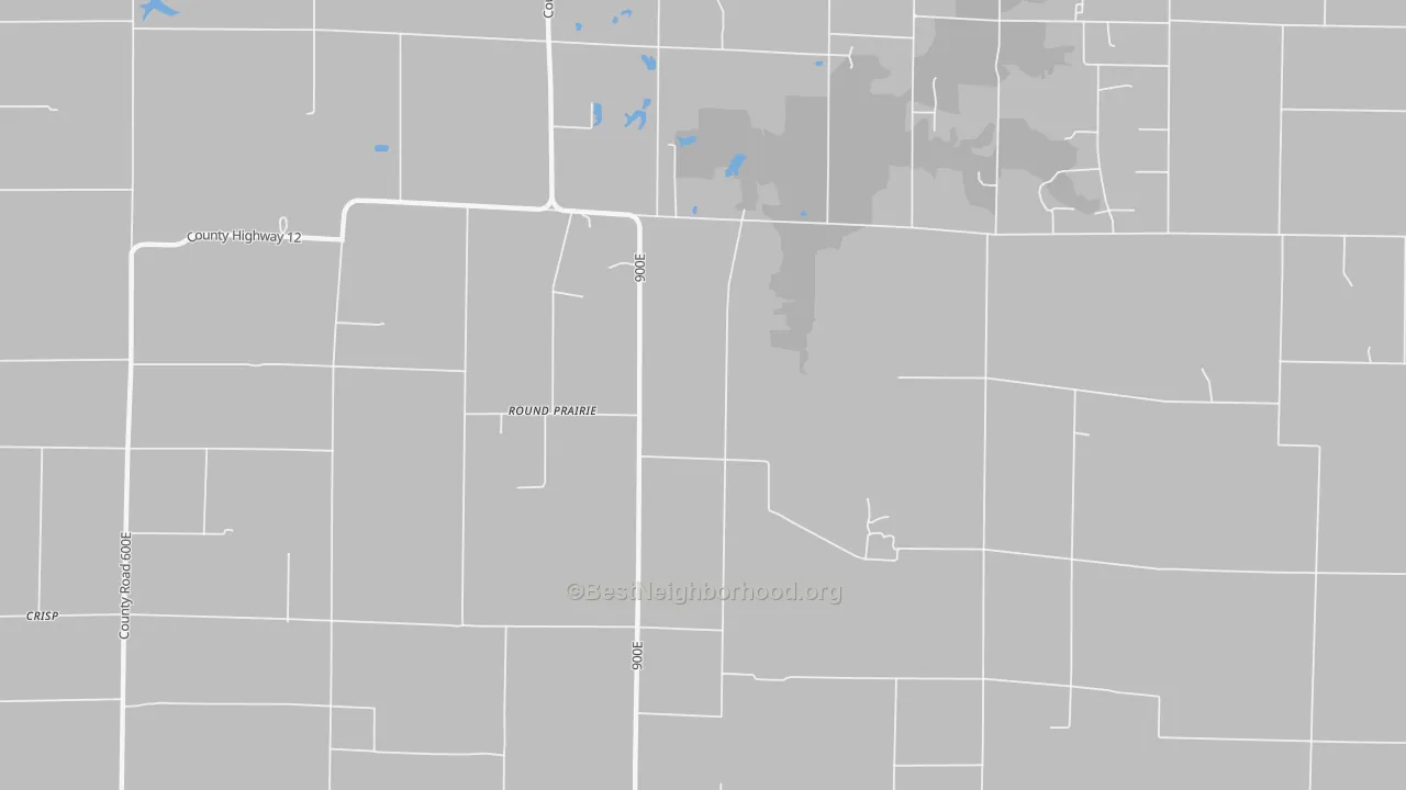 Walk Grade map of Round Prairie, IL, walkable areas in green and car-dependent areas in red