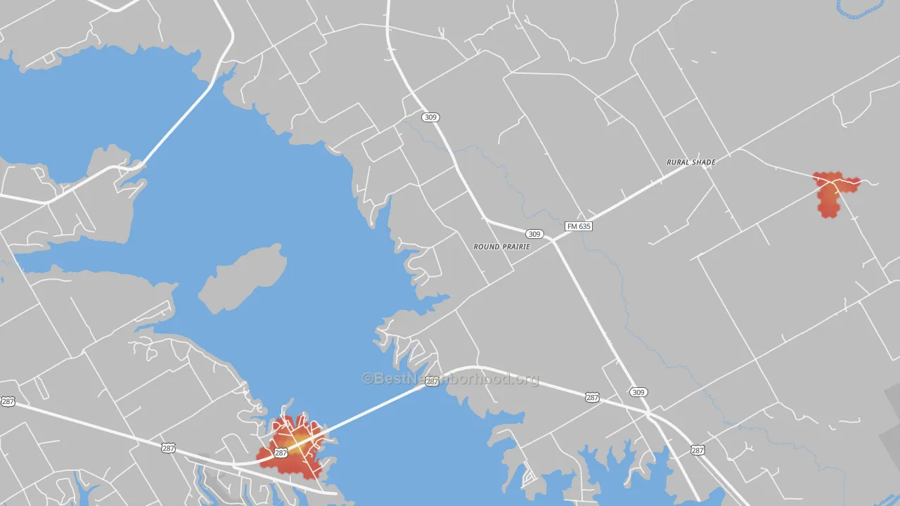 Walk Grade map of Round Prairie, TX, walkable areas in green and car-dependent areas in red