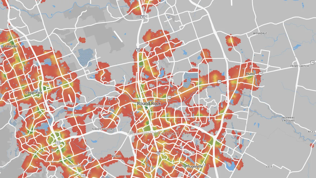 Walk Grade map of Round Rock, TX, walkable areas in green and car-dependent areas in red