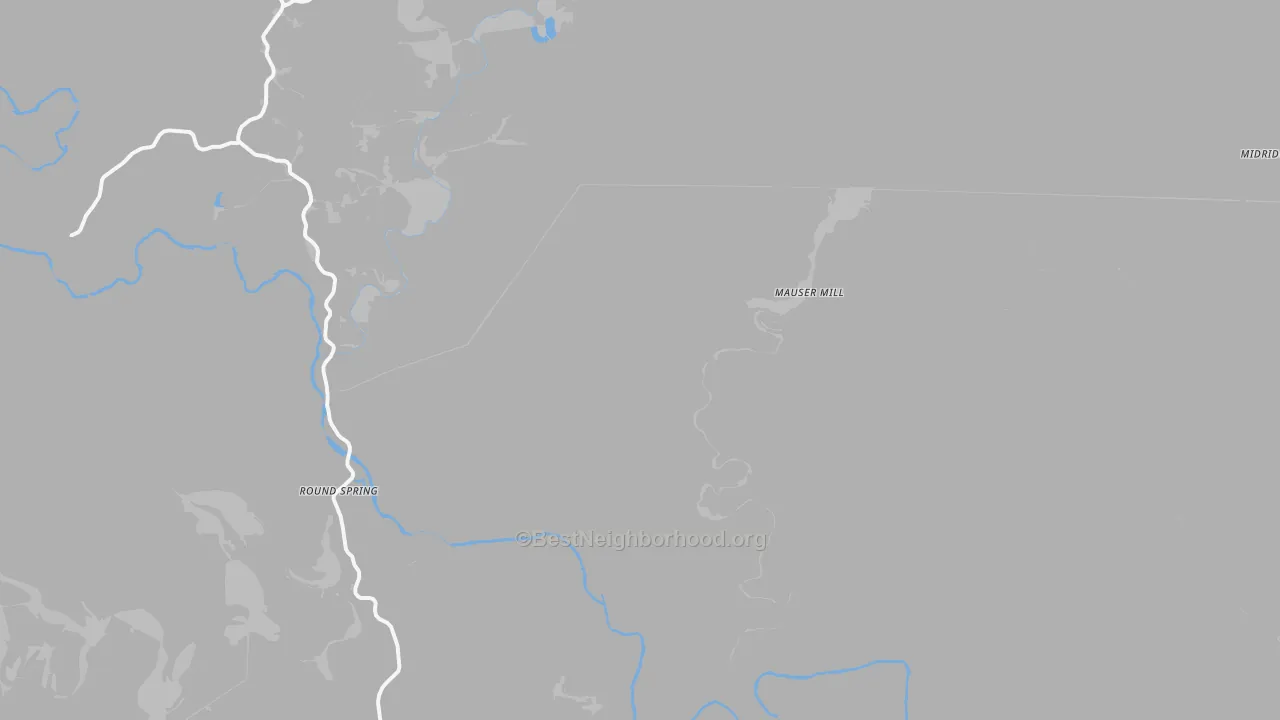 Walk Grade map of Round Spring, MO, walkable areas in green and car-dependent areas in red