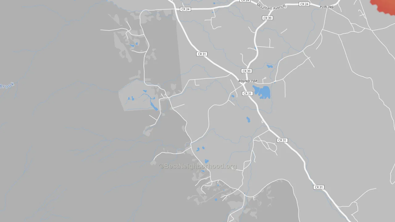 Walk Grade map of Round Top, NY, walkable areas in green and car-dependent areas in red