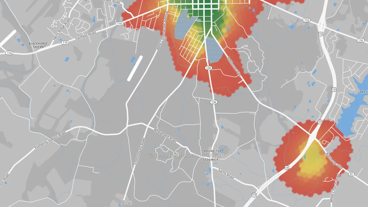 Walk Grade map of Round Top, PA, walkable areas in green and car-dependent areas in red
