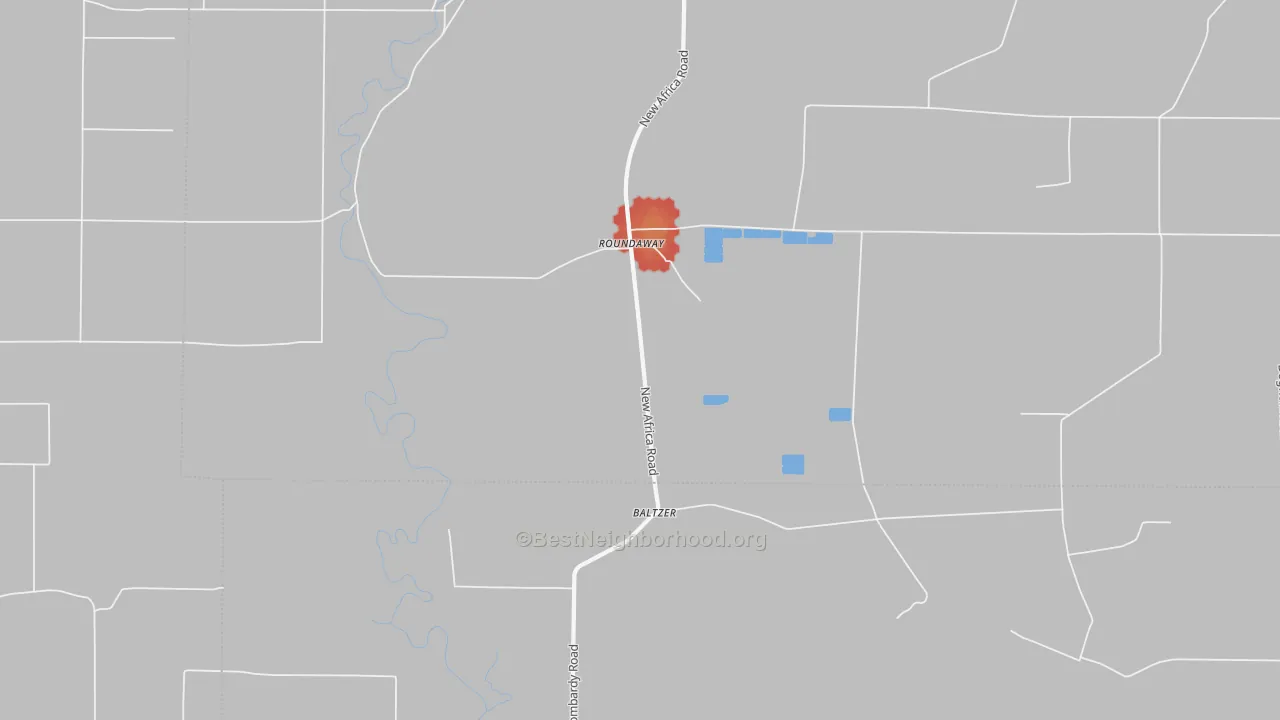 Walk Grade map of Roundaway, MS, walkable areas in green and car-dependent areas in red