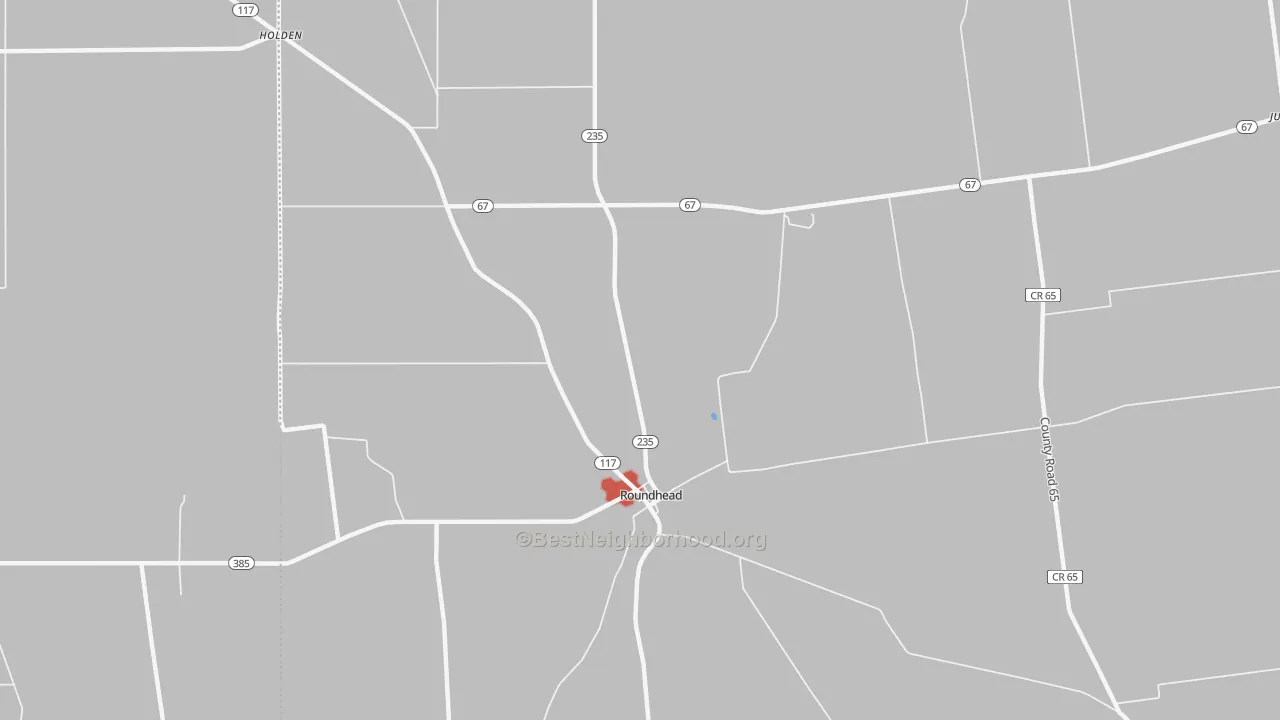 Walk Grade map of Roundhead, OH, walkable areas in green and car-dependent areas in red